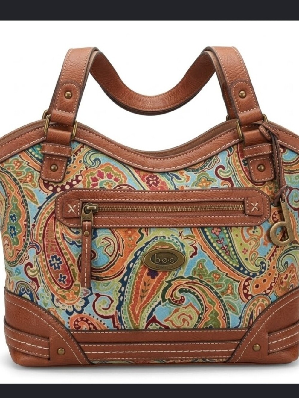 BOC Leather Paisley Brown Neutral Shoulder Bag Boho Purse Pockets Brass Hardware